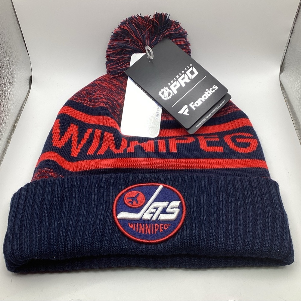 Fanatics NHL Winnipeg Jets Adult One Size Navy Red Knit Cuffed Pom Beanie Hat